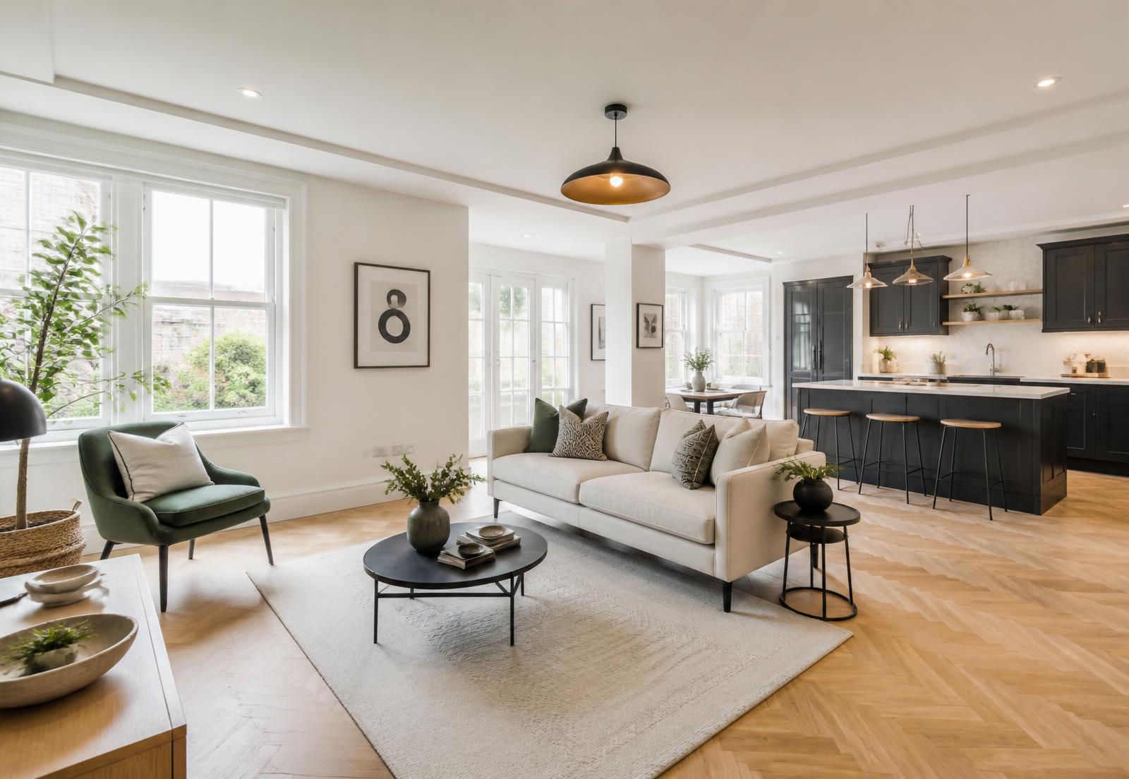 Beautifully finished open plan living space and kitchen in a renovated home