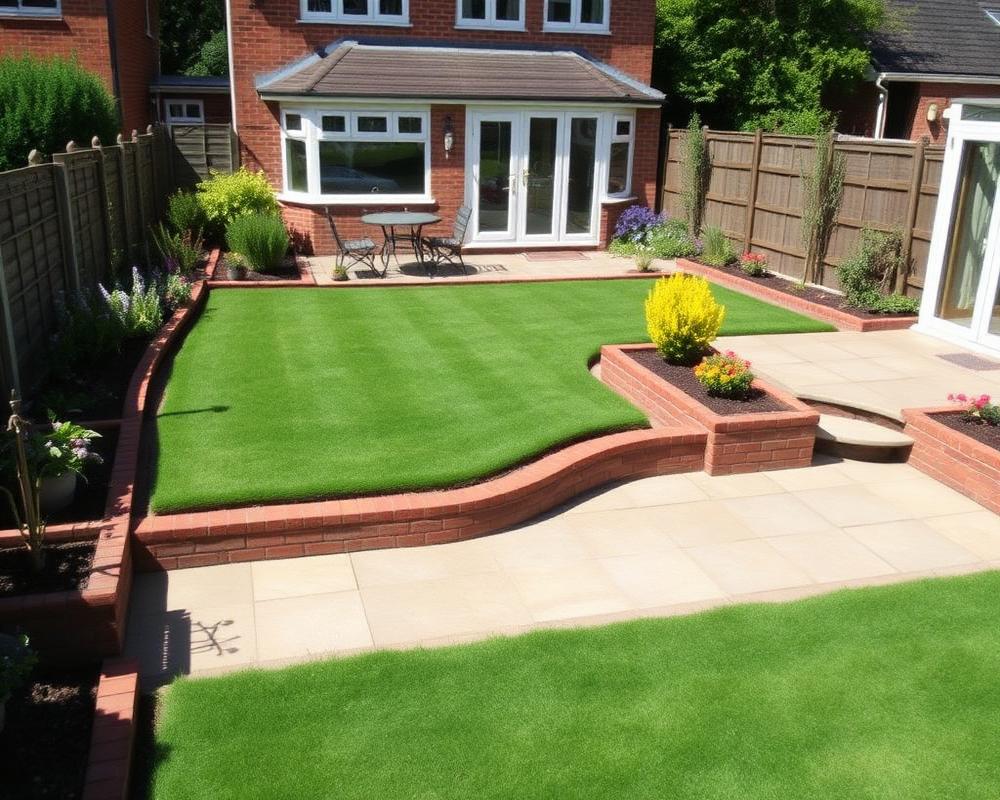 Landscaped rear garden with new patio, lawn and planted borders